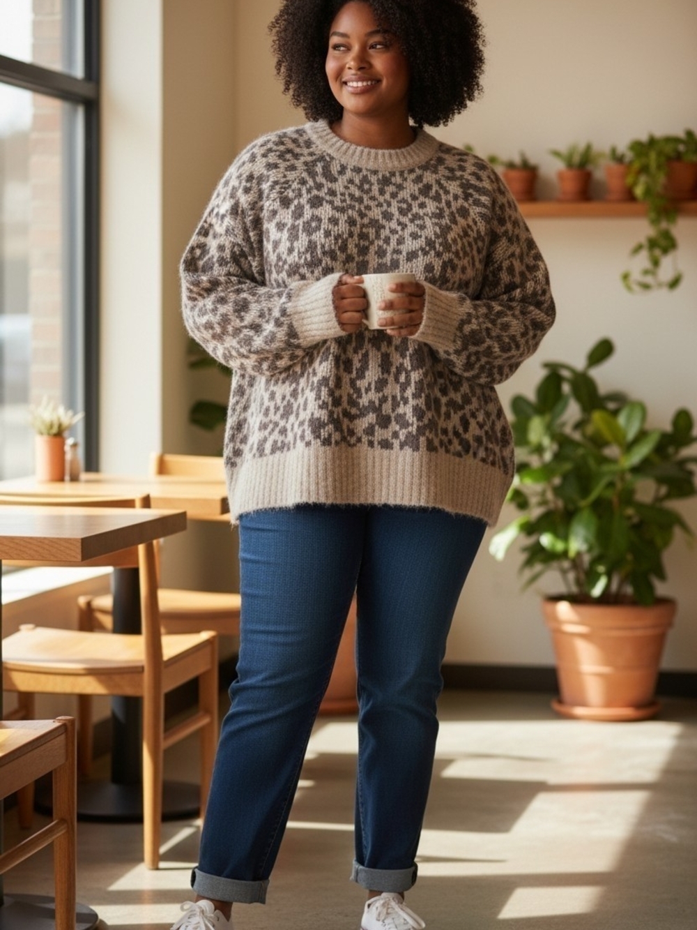 Old Navy Leopard Print Crewneck Sweater - Beige and Gray
